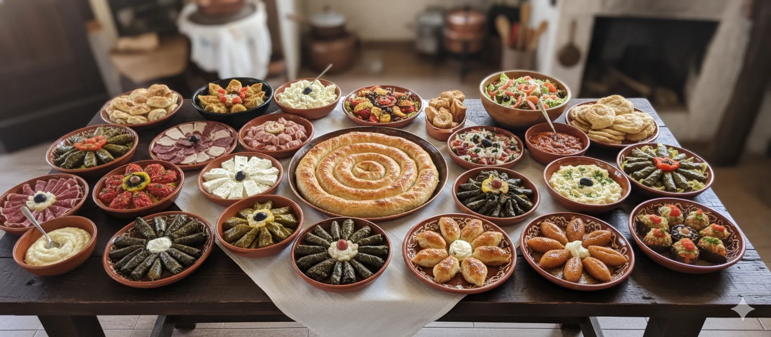 Traditional Bosnian feast spread with burek, japrak, dolma and more