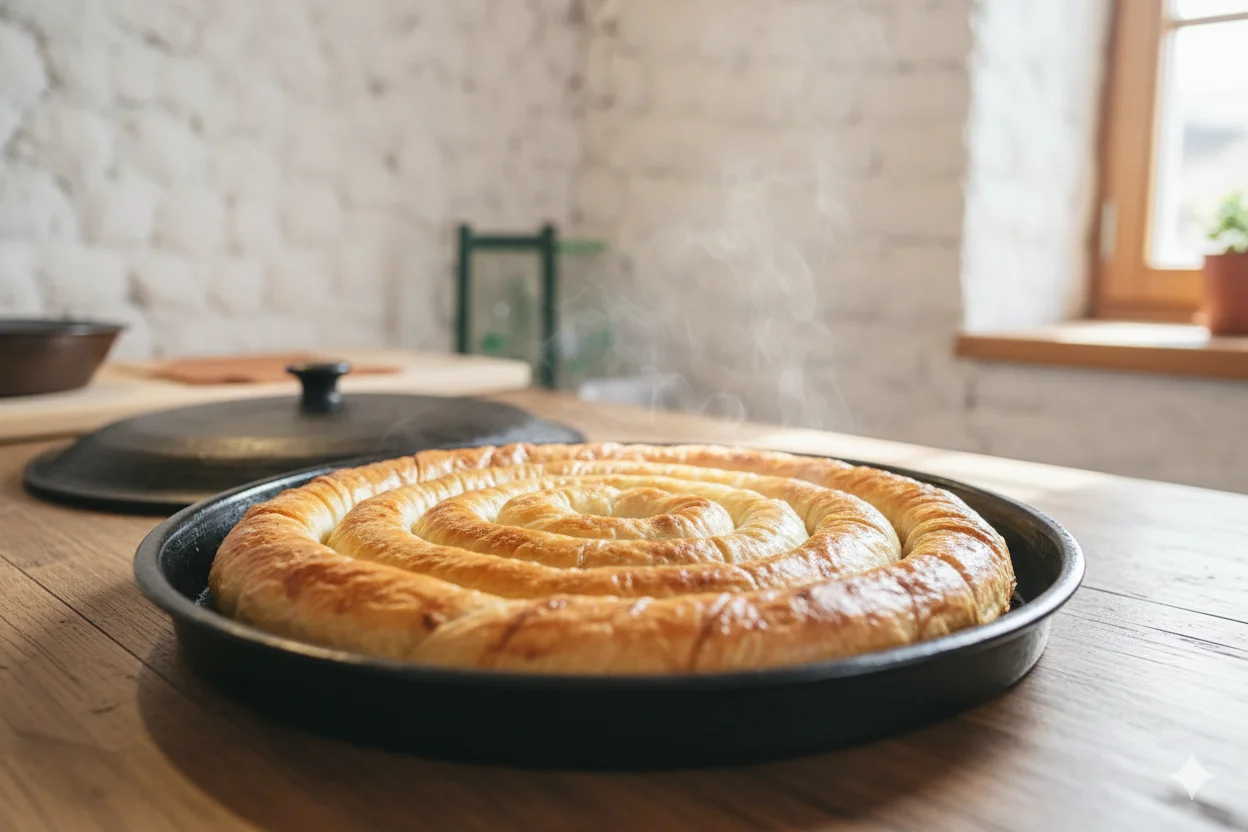 Golden burek spiral freshly baked in traditional pan