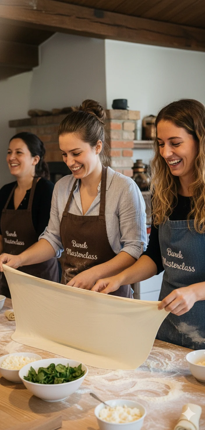 Hands stretching thin burek dough in a traditional Bosnian kitchen