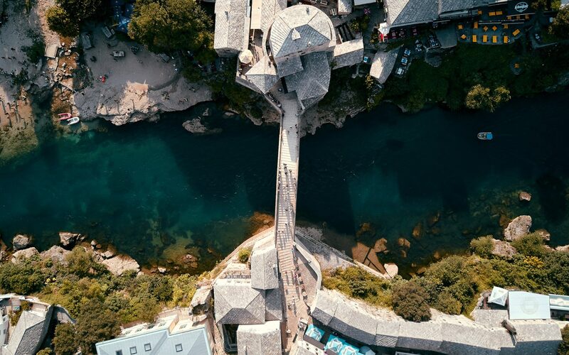 Aerial view of Stari Most bridge over Neretva river in Mostar old town