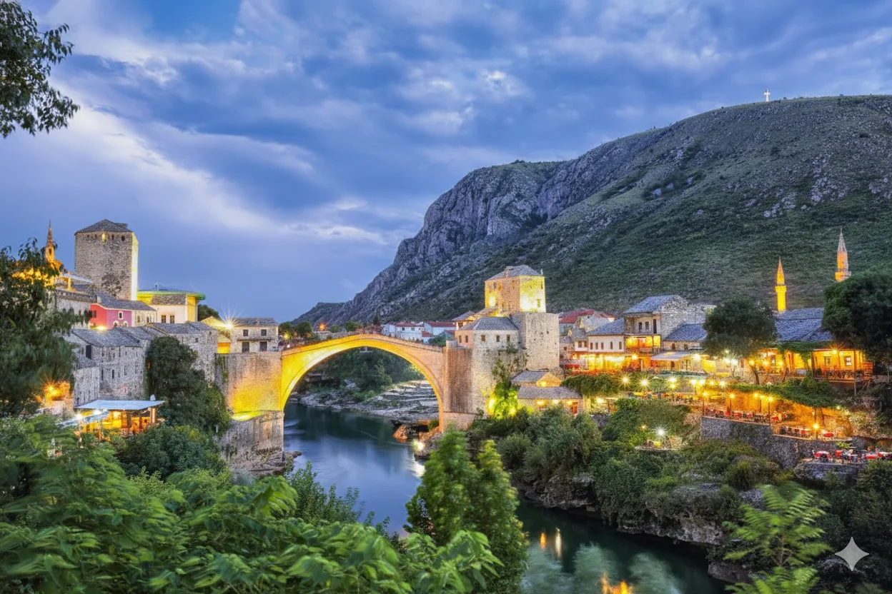 Stari Most Old Bridge in Mostar over the turquoise Neretva river